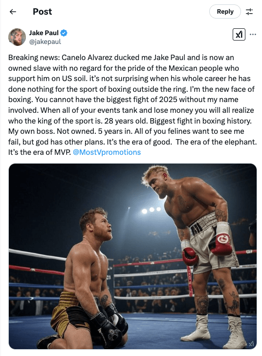 Screenshot of Jake Paul's tweet about Canelo Alvarez, including a photo of them facing each other in a boxing ring.