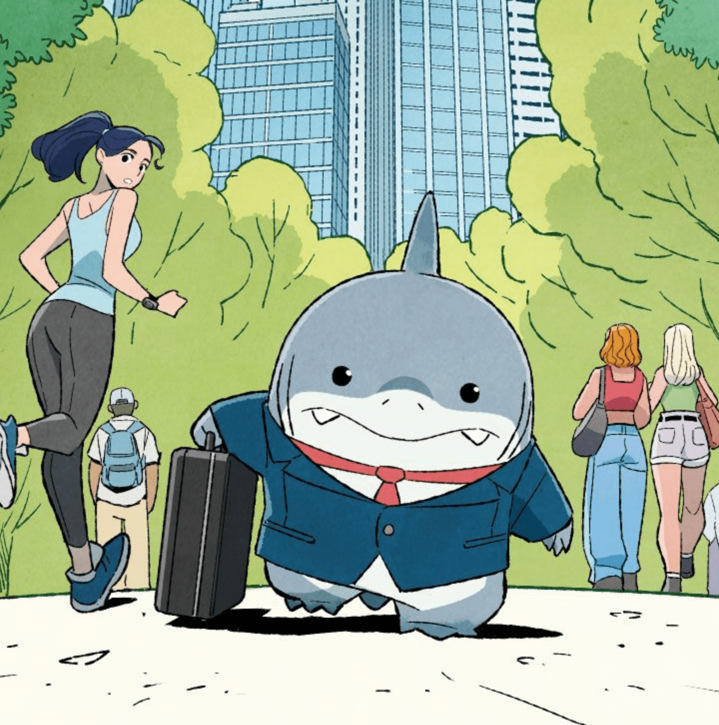 Jeff the Landshark walks through a park on his hind legs, wearing a little business suit and tie an carrying a breifcase.