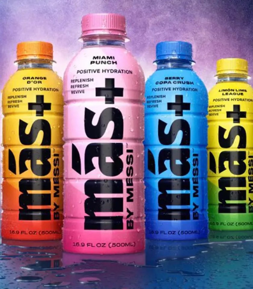 Four bottles of Mas+ by Messi, each a different flavor.