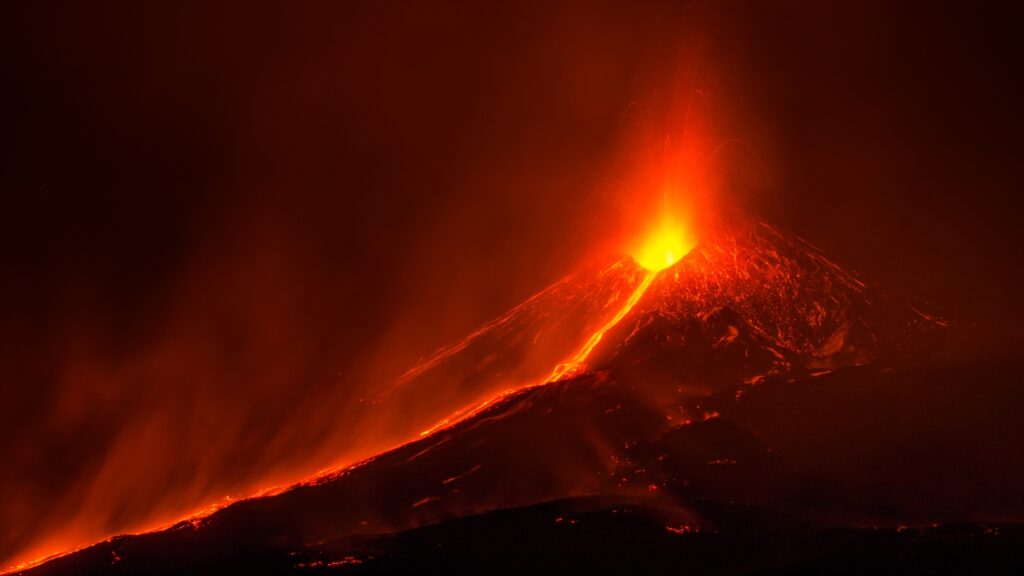 spectacular Mt. Etna volcano lava eruption in Sicily