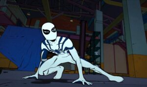 Spider-Man crouches during a warehouse fight with Scorpion in episode 7 of Your Friendly Neighborhood Spider-Man