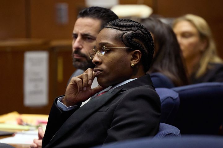 Rakim Mayers, also known as A$AP Rocky, listens during closing arguments during his trial for felony assault at Clara Shortridge Foltz Criminal Justice Center on Feb. 13, 2025, in Los Angeles.