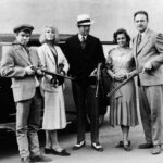 The outlaw "Barrow gang" from the film "Bonnie and Clyde." From left to right: Michael J. Pollard, Faye Dunaway, Warren Beatty, Estelle Parsons and Hackman.