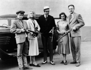 The outlaw "Barrow gang" from the film "Bonnie and Clyde." From left to right: Michael J. Pollard, Faye Dunaway, Warren Beatty, Estelle Parsons and Hackman.