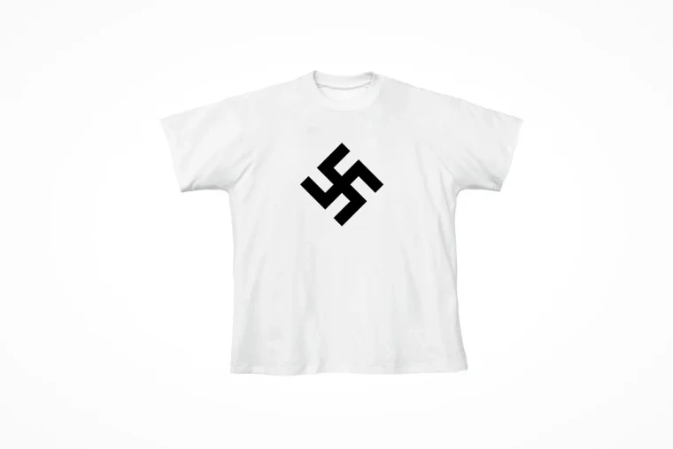 White t-shirt with a black swastika.