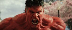 Red Hulk/President Thaddeus Ross roars at the screen in Captain America: Brave New World — he looks like a big, red, buff Harrison Ford.