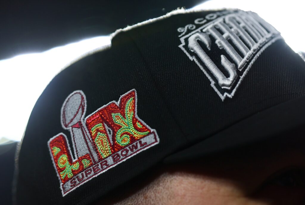 KANSAS CITY, MISSOURI - JANUARY 26: A detail of the Super Bowl LIX logo on a hat following the AFC Championship Game between the Kansas City Chiefs and the Buffalo Bills at GEHA Field at Arrowhead Stadium on January 26, 2025 in Kansas City, Missouri. (Photo by Aaron M. Sprecher/Getty Images)