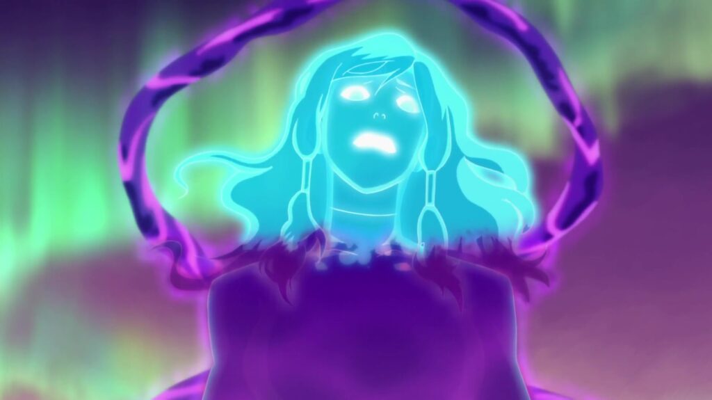 Korra in blue Avatar form, as a dark spirit corrupts her. From The Legend of Korra