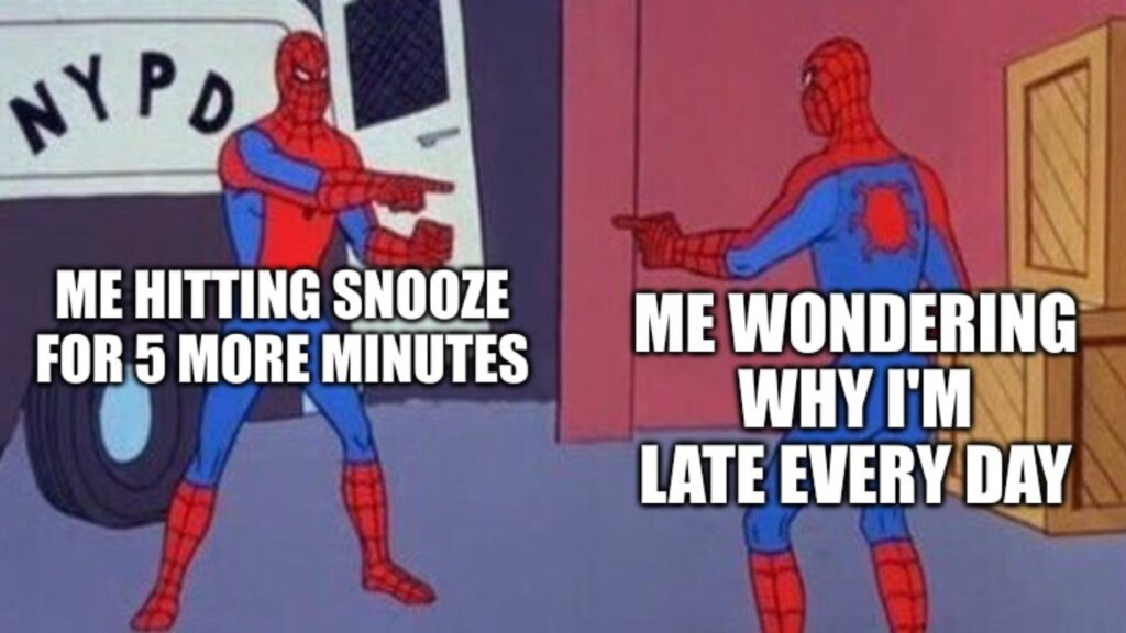 Spiderman meme about hitting the snooze button