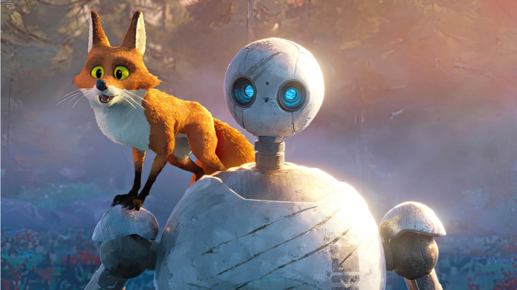 Roz, the robot from The Wild Robot (a white globular head with round blue eyes atop a battered white globular body) stands with a fox on her shoulder