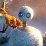 Roz, the robot from The Wild Robot (a white globular head with round blue eyes atop a battered white globular body) stands with a fox on her shoulder