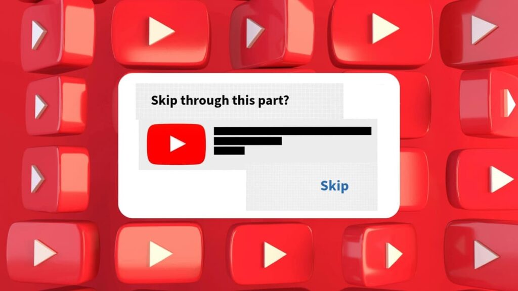 A background of YouTube logos with a skip ad prompt.