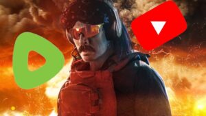 dr disrespect in front of an explosion with rumble and youtube logos