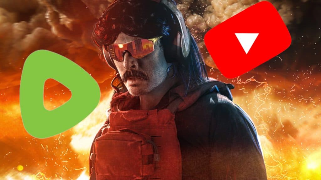 dr disrespect in front of an explosion with rumble and youtube logos