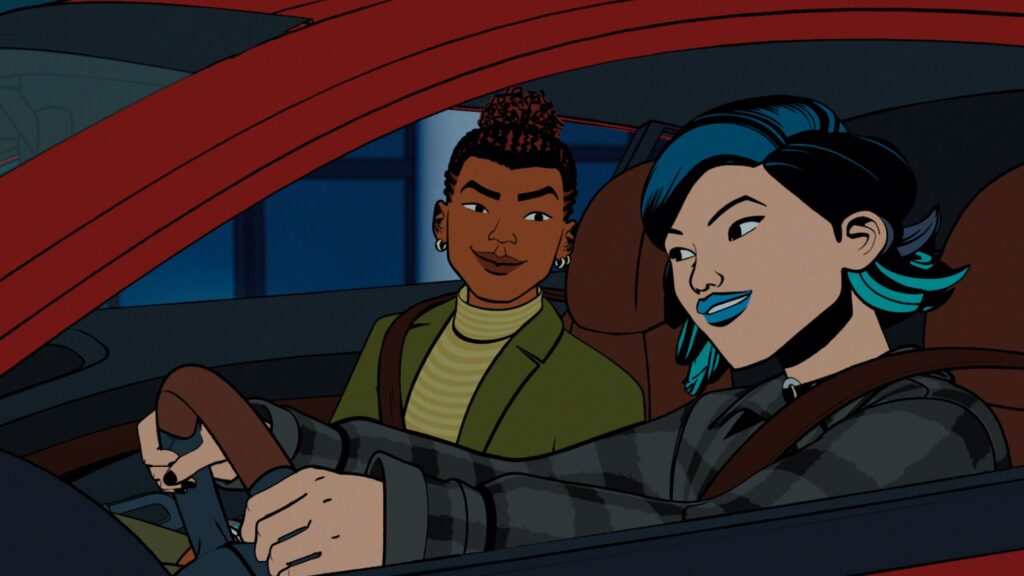 Harry Osborn and Nico Minoru in Your Friendly Neighborhood Spider-Man. They’re both in a car Nico is driving and look like they’re having a good time.