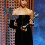 Zoe Saldaña accepts the Outstanding Performance by a Female Actor in a Supporting Role award for "Emilia Perez" during the 31st Annual Screen Actors Guild Awards