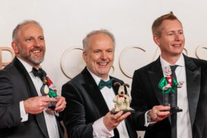 Richard Beek, Nick Park and Merlin Crossingham, filmmakers behind Oscar nominated "Wallace & Gromit: Vengeance Most Fowl"