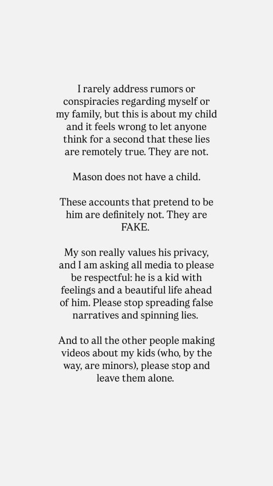 Statement addressing rumors about Kourtney Kardashian's son.