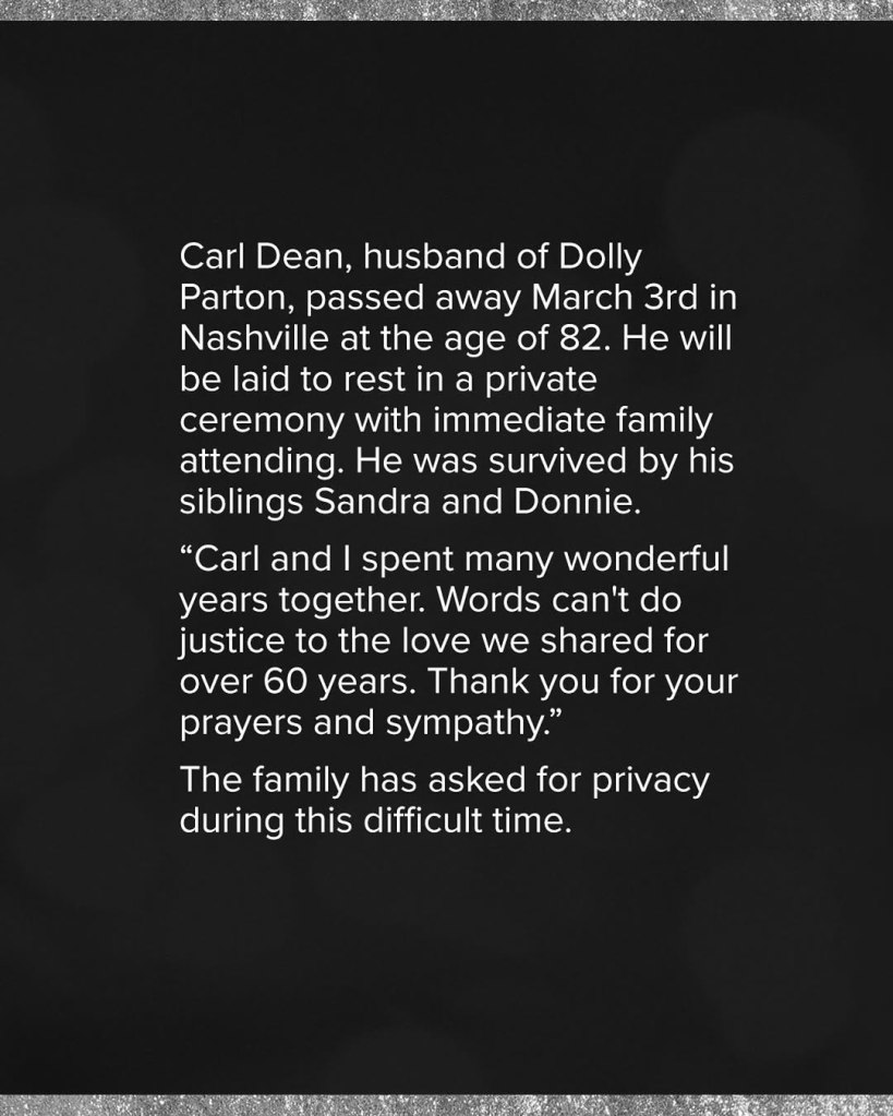 Dolly Parton's message about her husband's death.