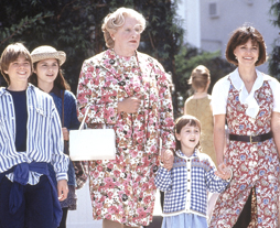 Still from Mrs. Doubtfire showing Robin Williams, Mara Wilson, and Sally Field.