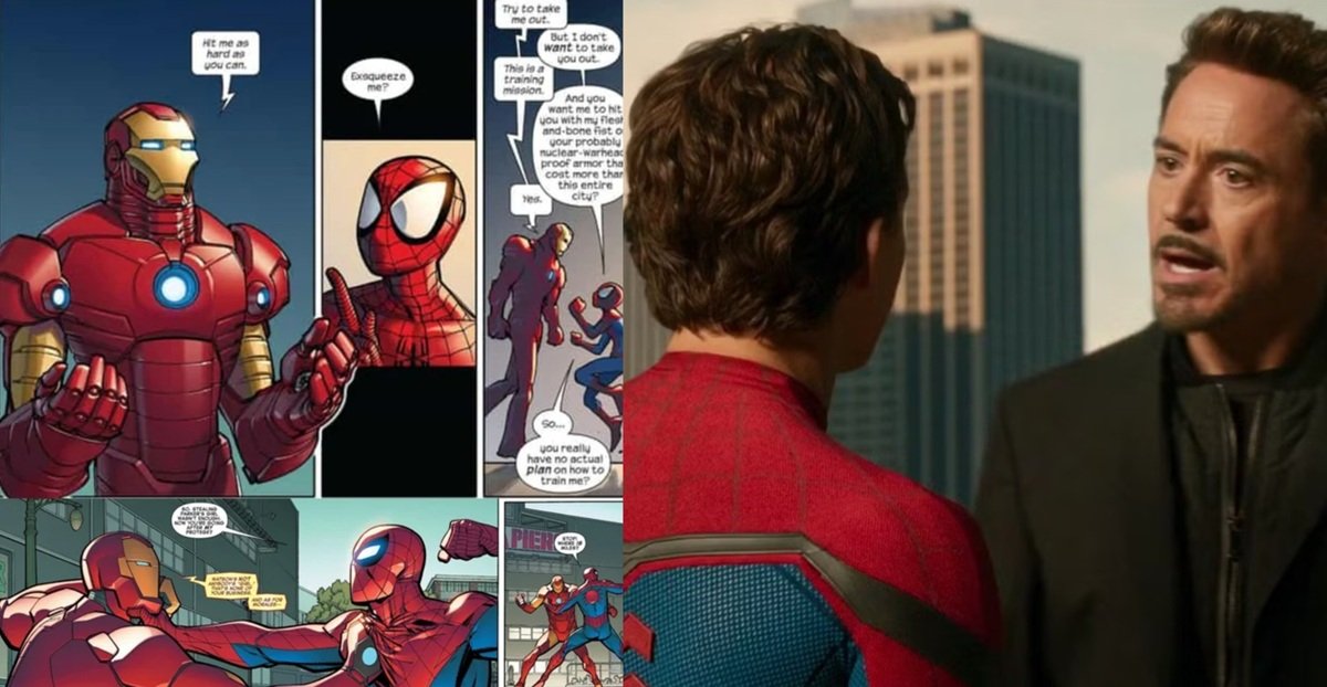 (Left) Iron Man mentors Peter Parker in Ultimate Spider-Man (Right) Peter Parker (Tom Holland) and Tony Stark (Robert Downey Jr.) in the MCU. 