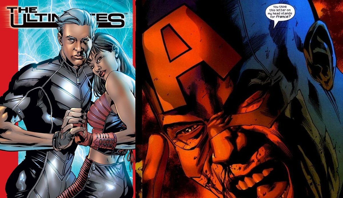 (Left) Cover art for Ultimates #8 featuring Quicksilver and Scarlet Witch (Right) Captain America in The Ultimates. Art by Bryan Hitch. 