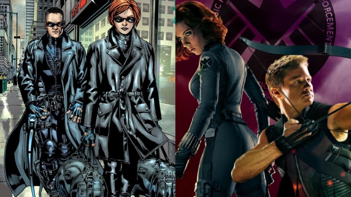 (left) Ultimate Hawkeye and Black Widow, art by Bryan Hitch (Right) Hawkeye (Jeremy Renner) and Black Widow (Scarlett Johansson) in the MCU,