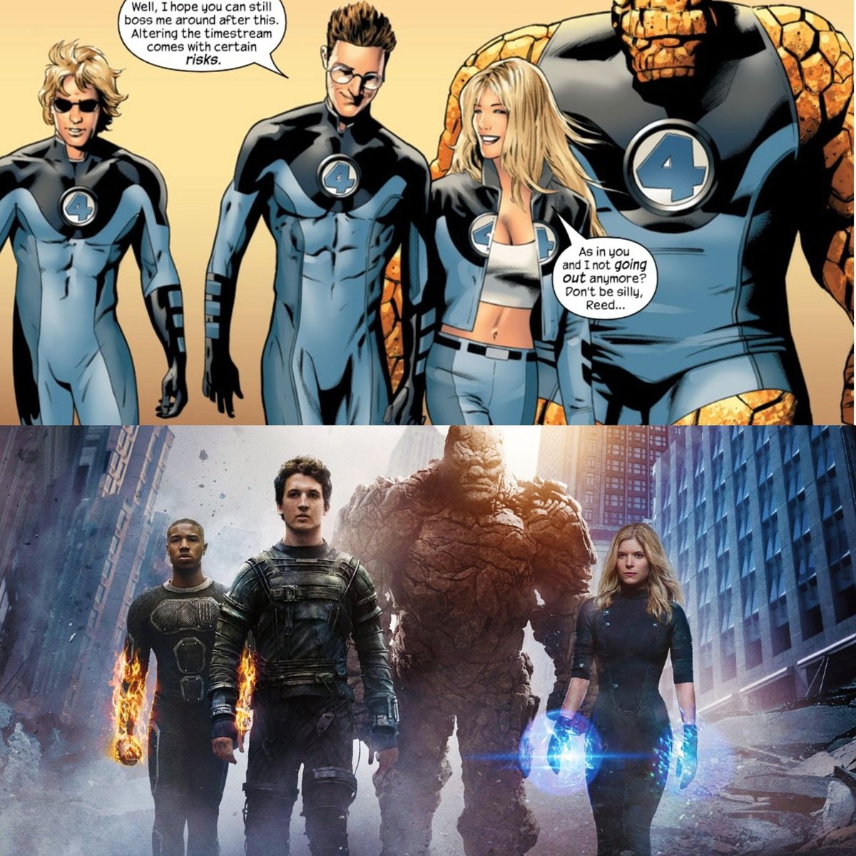 (Top) The Ultimate Fantastic Four by Greg Land (Bottom) The cast of the 2015 Fantastic Four reboot. 