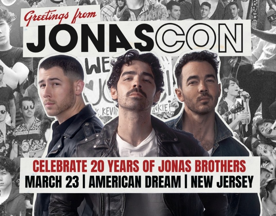 Collage promoting JonasCon, celebrating 20 years of the Jonas Brothers.