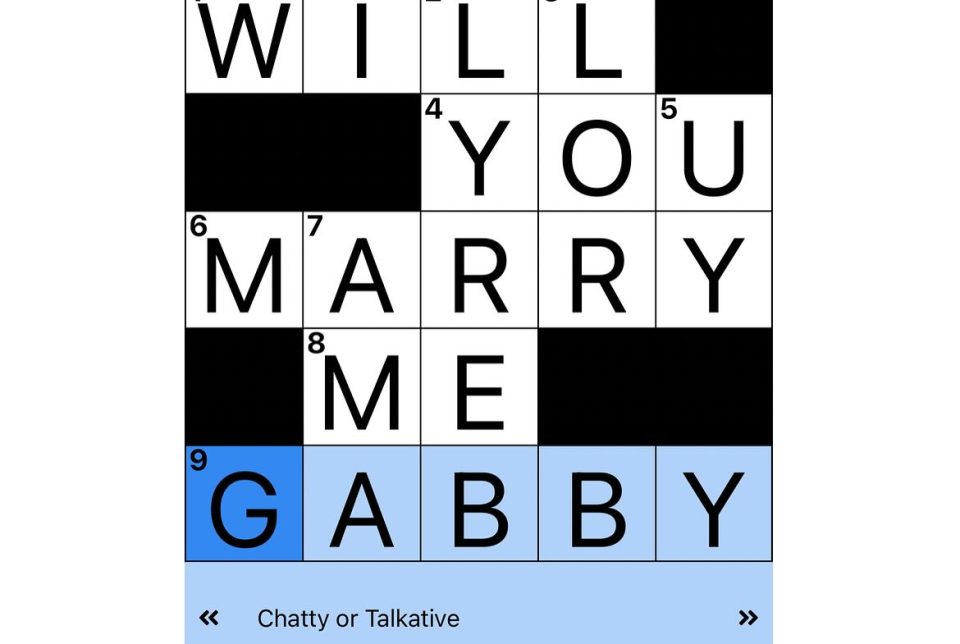 Crossword puzzle with the answer "Gabby" in the bottom row.