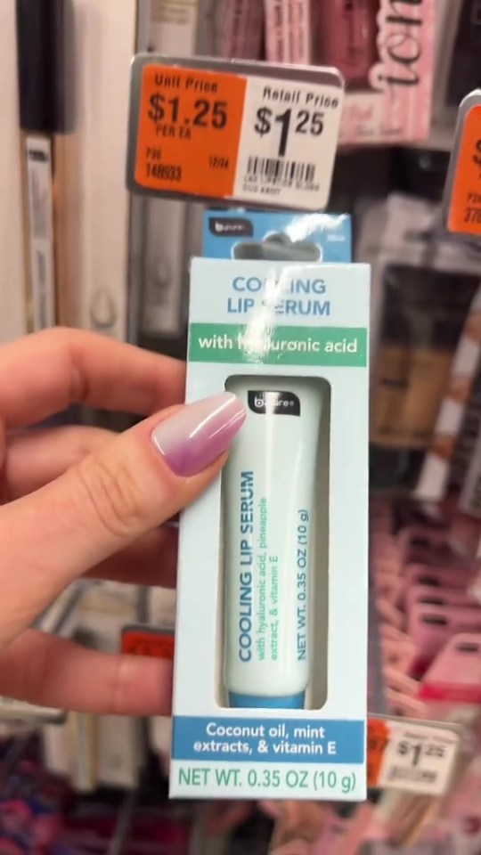 Hand holding a tube of cooling lip serum from Dollar Tree.