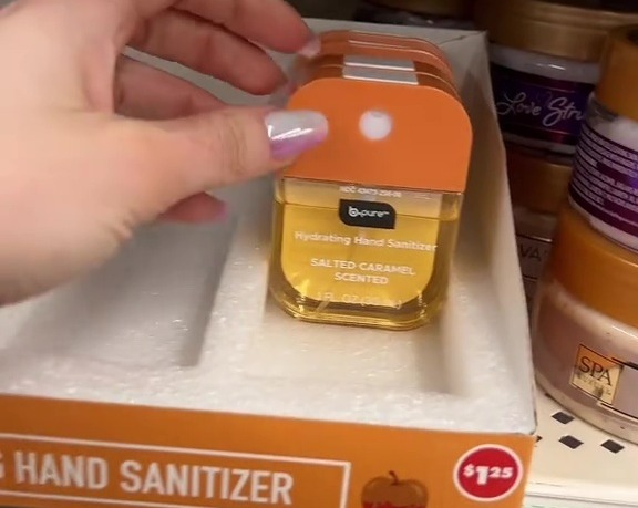 Salted caramel scented hand sanitizer at Dollar Tree.