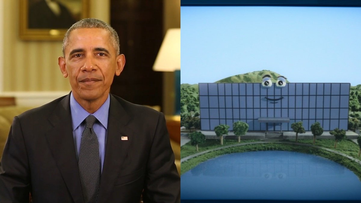 Barack Obama in a suit and tie split with a claymation Lumon building