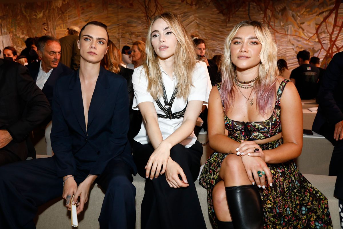 Cara Delevingne, Suki Waterhouse, and Florence Pugh attend the Christian Dior Haute Couture Fall/Winter 2021/2022 show 