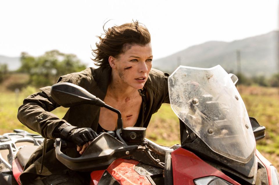 Milla Jovovich on a motorcycle in Resident Evil: The Final Chapter.