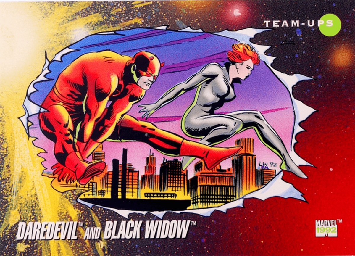 The 1992 Marvel Universe trading card featuring Daredevil and Black Widow.