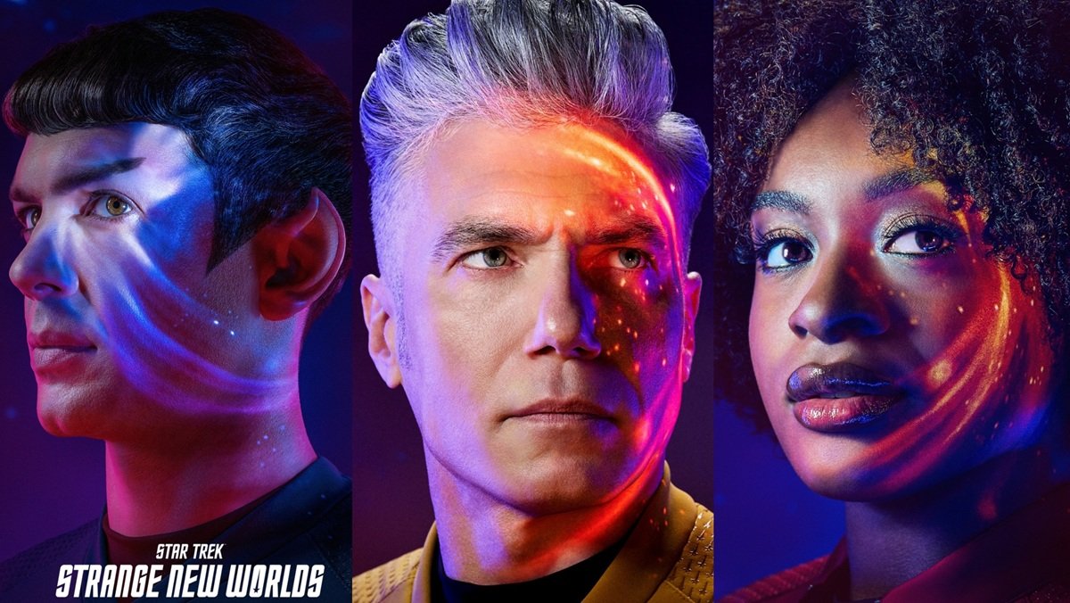 (Left to Right) Ethan Peck as Spock, Anson Mount as Captain Chrisopher Pike, and Celia Rose Gooding as Uhura in Star Trek: Strange New Worlds