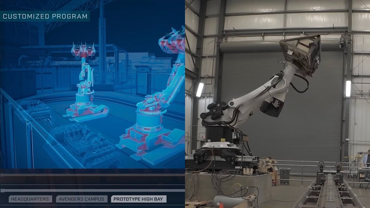 Concept footage split with the real thing for the robot arm holding pods on Stark Flight Lab