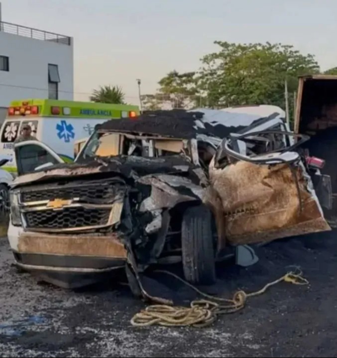 Severely damaged car after an accident.