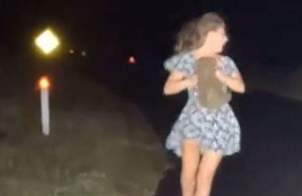 Woman carrying a baby wombat at night.