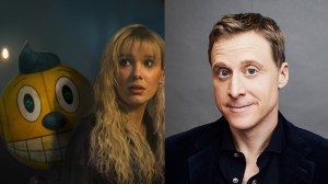 L-R: Cosmo (voiced by Alan Tudyk), Michelle (Millie Bobby Brown) and Alan Tudyk