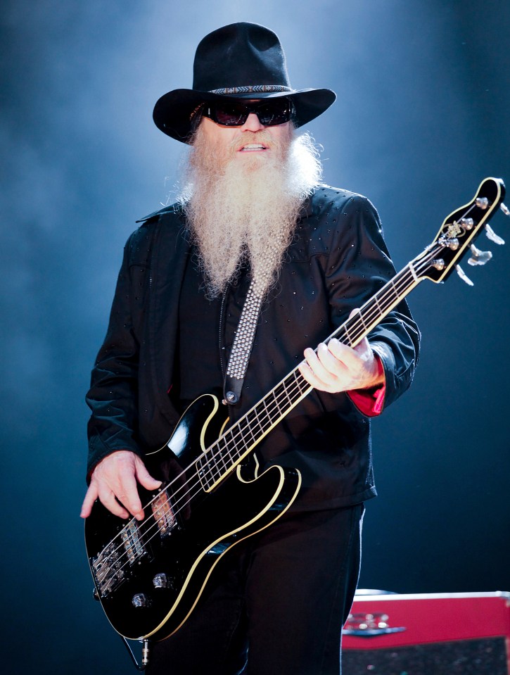 Dusty Hill of ZZ Top playing bass guitar.