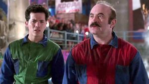 John Leguizamo in green as Luigi and Bob Hoskins in red with a mustache as Mario in Super Mario Bros.