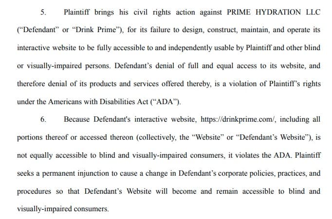 Prime Hydration lawsuit over accessibility