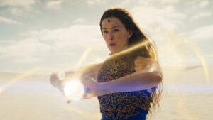 image of moiraine the aes sedai wielding her power in wheel of time season three trailer