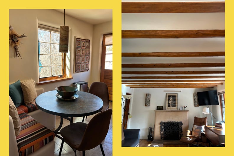 side by side photos show a kitchen corner nook and a great room with a fireplace in a Santa Fe Airbnb.