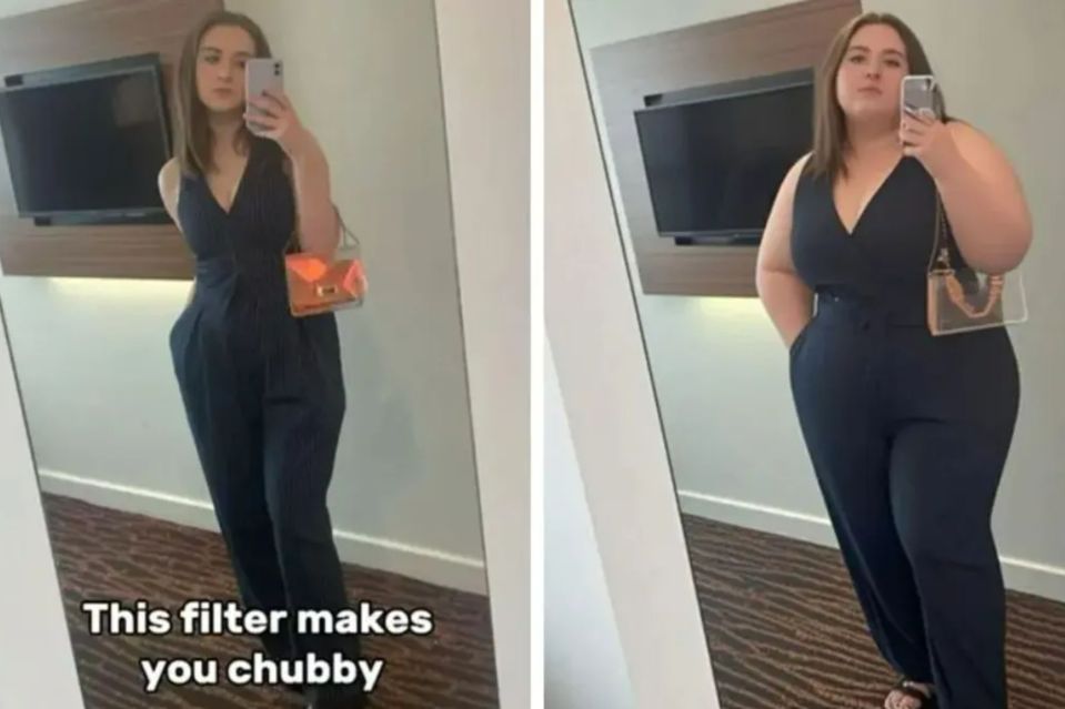 An image collage containing 1 images, Image 1 shows Comparison of a woman in a jumpsuit before and after applying a TikTok filter