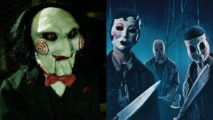 (Left) Billy the Puppet from the Saw franchise (Right) The killers from The Strangers: Chapter 1.