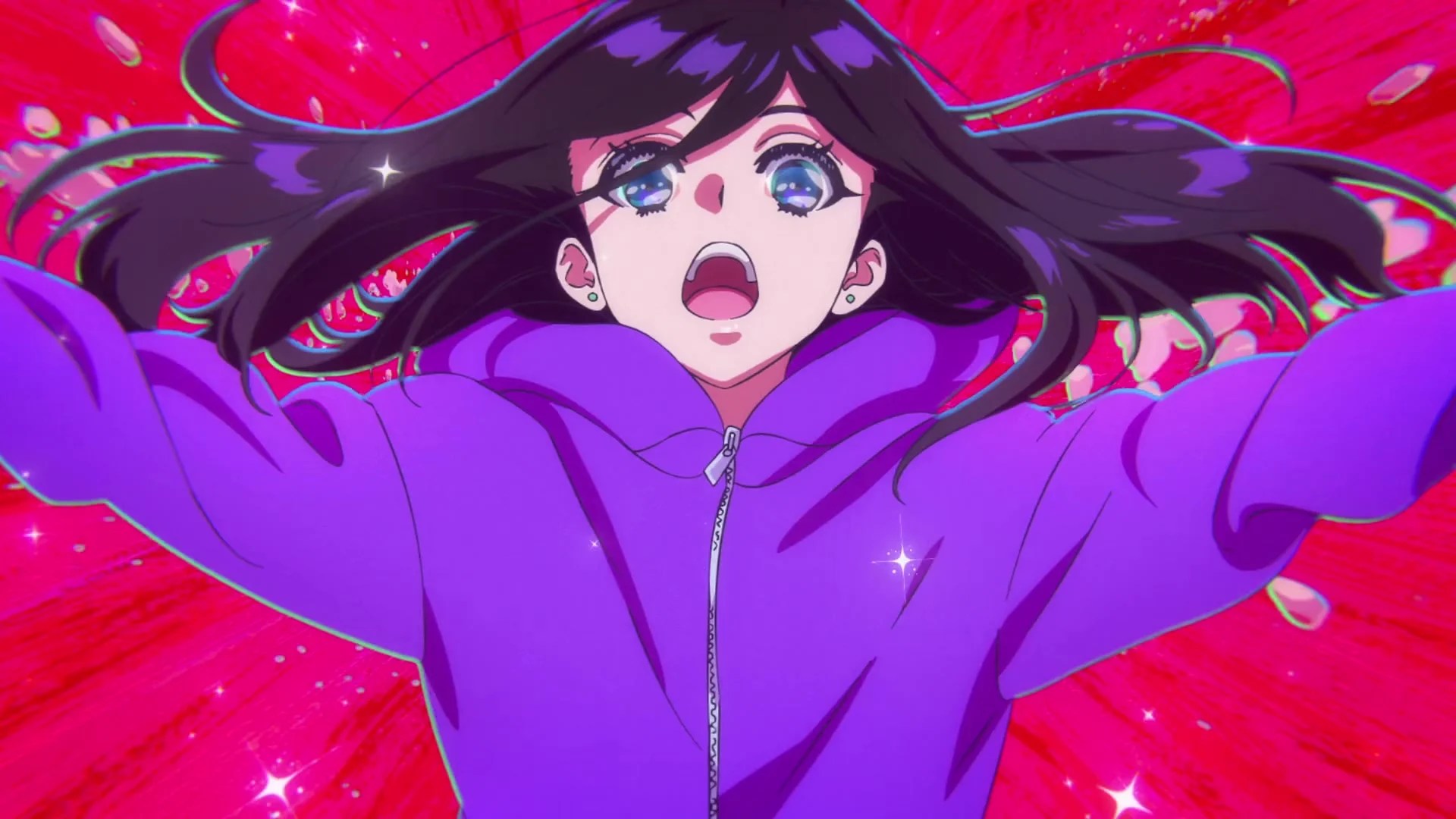 Natsuko mid magical girl transformation with her face looking shocked 