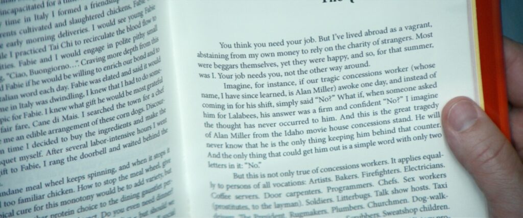 The last page of chapter 8 and the first page of chapter 9 of The You You Are as it appears in season 1 of Severance. The page on the left discusses tai chi, Italy, a chicken meal, and someone named Fabie.